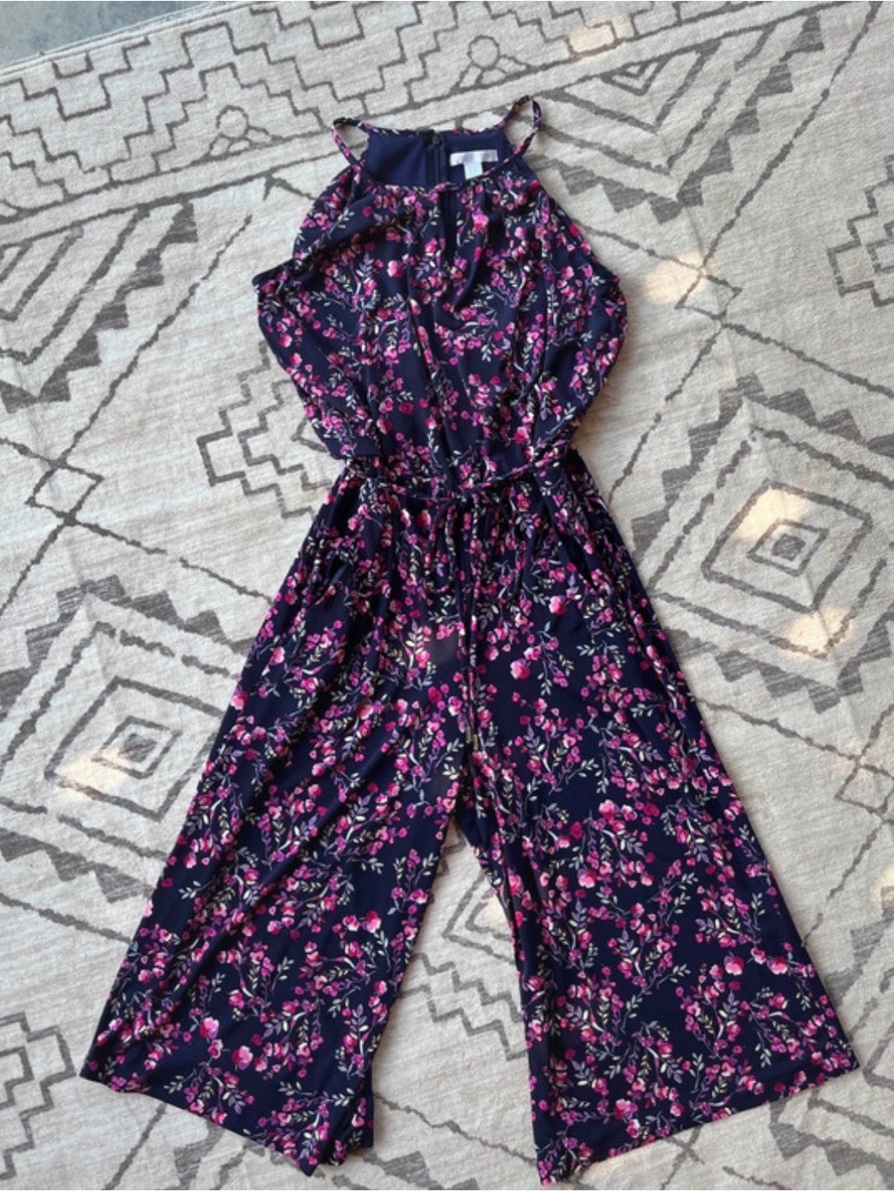 London Times Navy Jumpsuit with Pink Floral Print